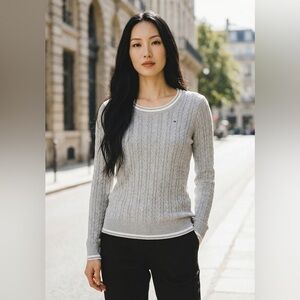 Tommy Hilfiger Gray Cable-Knit Sweater with White Trim